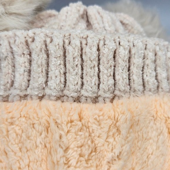 Beige Kids Teddy Bear Sherpa Lined Soft Knit Pom Pom Beanie Winter Hat - Picture 6 of 7